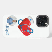 看護学生ハート型聴診器看護師名前写真 iPhoneケース (裏面横)