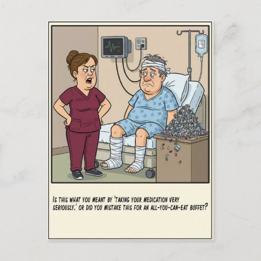 看護師が患者に投薬の確認をするイラスト 早く回復して ポストカード (正面)