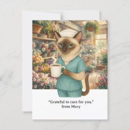 看護師が花屋の前でコーヒーを飲んでいる ポストカード