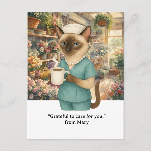 看護師が花屋の前でコーヒーを飲んでいる ポストカード (正面)
