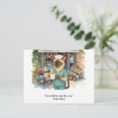 看護師が花屋の前でコーヒーを飲んでいる ポストカード (スタンド正面)