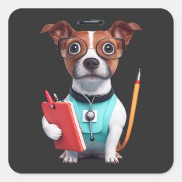 看護師として働く犬、ナース服を着た犬 スクエアシール