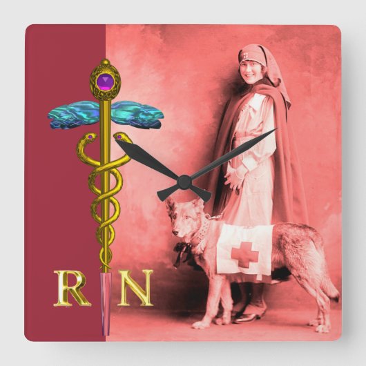 看護師とレスキュードッグ / ゴールドの医神杖 RN エンブレム スクエア壁時計 (正面)