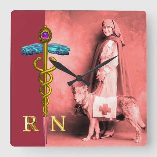 看護師とレスキュードッグ / ゴールドの杖 RN エンブレム スクエア壁時計 (正面)