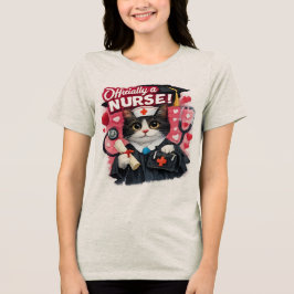 看護師になりました かわいいネコの卒業記念・看護学生デザイン トライブレンドTシャツ