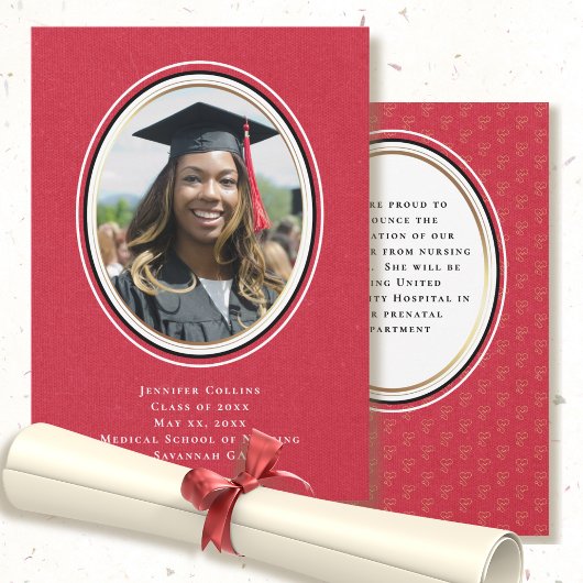 看護師の卒業発表 ミニマル レッド ゴールド 卒業 招待状
