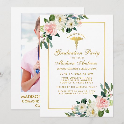 看護師卒業パーティー ゴールド ピンク フォト招待 招待状 (正面/裏面)