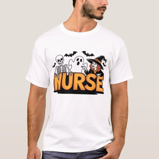 看護師 - ハロウィン - 幽霊、魔女、骸骨と Tシャツ (正面)