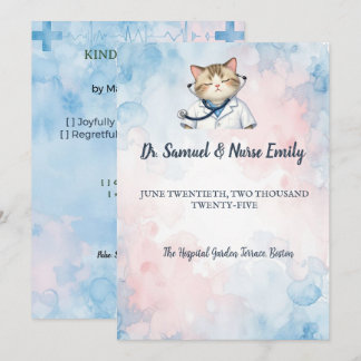 看護師 医者 猫 水彩画 医学部 結婚式 招待状