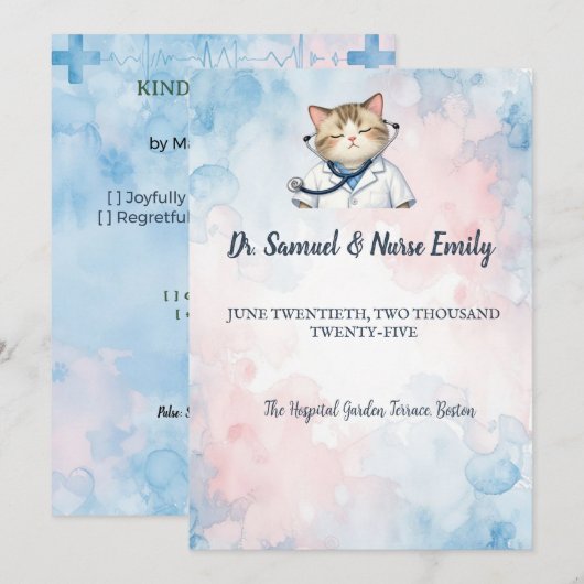 看護師 医者 猫 水彩画 医学部 結婚式 招待状 (正面/裏面)