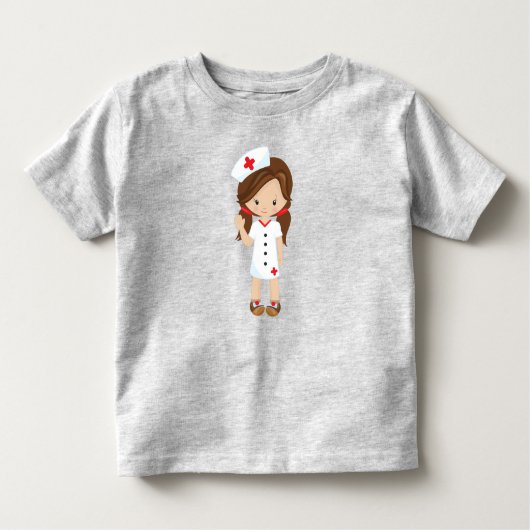 看護師、薬、医者、かわいい少女、茶色の髪 トドラーTシャツ (正面)