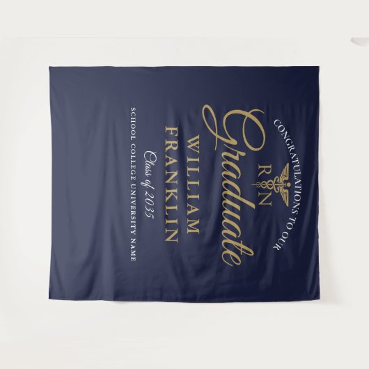 看護海軍ブルー金ゴールド卒業写真の背景 タペストリー (正面(横))