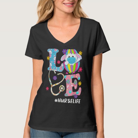 看護聴診器スクラブライフナースバニーイースター Tシャツ (正面)