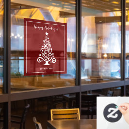 真っ白なクリスマスツリー 赤い色の背景に映えて ホリデーシーズン到来 ウィンドウサイン