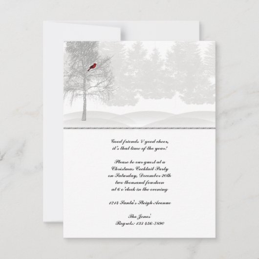 真っ白な雪の森と赤いカーディナル 招待状 (正面)