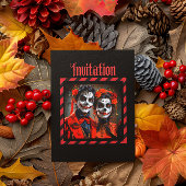 真っ赤と真っ黒の風刺画 デ・ロス・ムエルトスの日 カップル 招待状