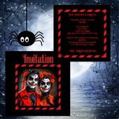 真っ赤と真っ黒の風刺画 デ・ロス・ムエルトスの日 カップル 招待状