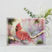 真っ赤なカーディナルが冬の枝に止まって、クリスマスの予算を考える シーズンカード (スタンド正面)