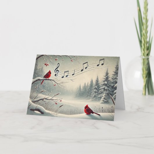 真っ赤なカーディナル鳥　雪の木々　音楽の調べ３ シーズンカード (正面)