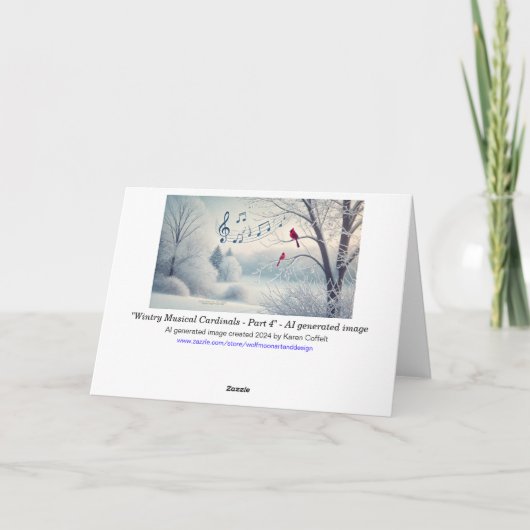 真っ赤なカーディナル鳥 雪の木々 音楽の調べ4 シーズンカード (裏面)