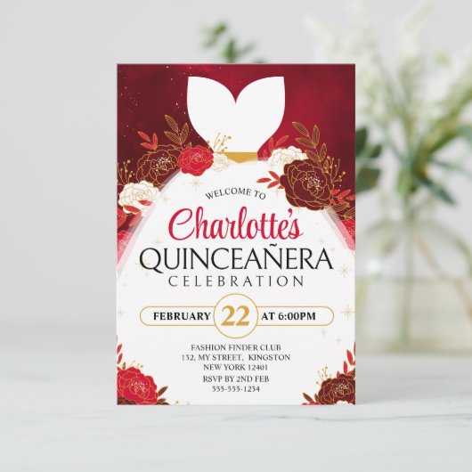 真っ赤なキンチャネラ フローラル ホワイト プリンセスドレス 招待状 (スタンド正面)