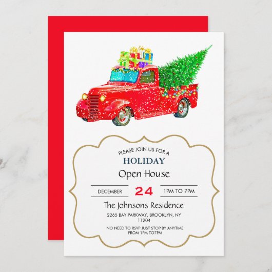 真っ赤なクリスマストラックにクリスマスツリーとプレゼント 招待状 (正面/裏面)