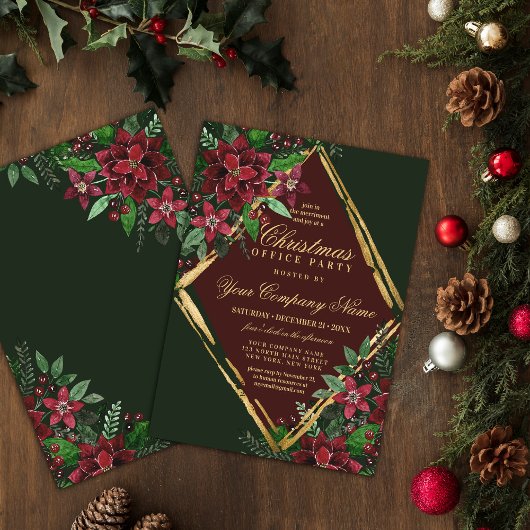 真っ赤なゴールドのポインセチアを使った、企業のクリスマスディスプレイ 招待状