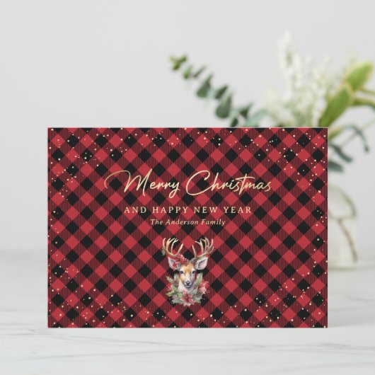 真っ赤なゴールドの格子模様のトナカイの雪、楽しいクリスマス シーズンカード (スタンド正面)