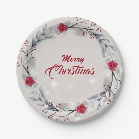 真っ赤なシルバー メリークリスマスリース ペーパープレート (正面)