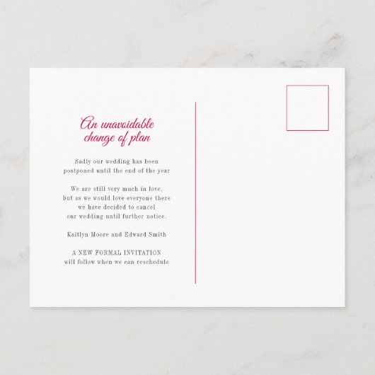 真っ赤なスギナのハート型リース、結婚式の中止 案内ポストカード (裏面)