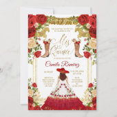 真っ赤なチャロドレスとメキシカンブーツの女の子 スイート15 招待状 (正面)