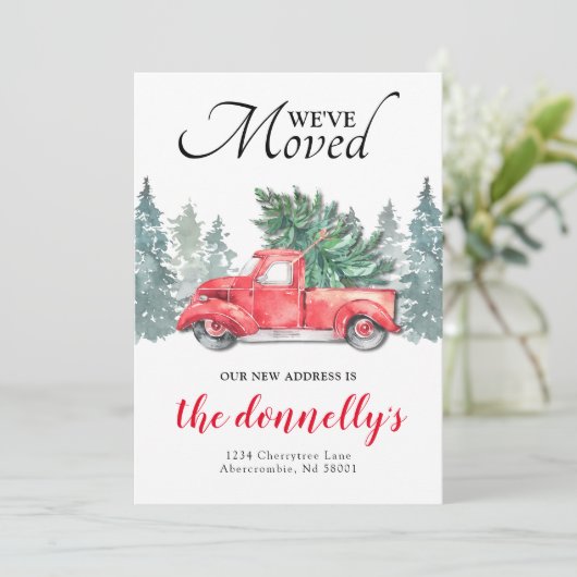 真っ赤なトラックの冬の新住所お引越しカード 案内状 (スタンド正面)