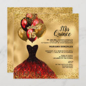 真っ赤なドレスとゴールドのグリッタークラウン ミス・キンセアニエラ 招待状 (正面/裏面)
