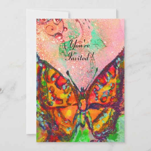 真っ赤なバタフライ ピンクのフクシア ゴールドスパークル スウィート16 招待状 (正面)