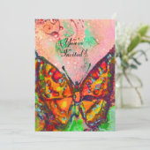 真っ赤なバタフライ ピンクのフクシア ゴールドスパークル スウィート16 招待状 (スタンド正面)