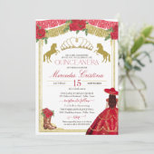 真っ赤なバラとゴールドのウェスタンチャロドレスのキンセアニエラ 招待状 (スタンド正面)