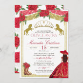 真っ赤なバラとゴールドのウェスタンチャロドレスのキンセアニエラ 招待状 (正面/裏面)
