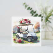 真っ赤なバラのゴルフカートと緑の芝生のバレンタイン シーズンカード (スタンド正面)