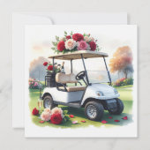 真っ赤なバラのゴルフカートと緑の芝生のバレンタイン シーズンカード (正面)