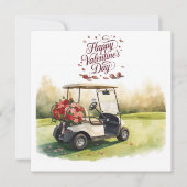 真っ赤なバラのゴルフカートと緑の芝生のバレンタイン シーズンカード (正面)