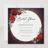 真っ赤なバラの花輪 ムーディーな紫 ゴールドグリッター ブライダル 招待状 (正面)