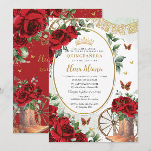 真っ赤なバラの花飾りチャロブーツのキンセアニエラ スイート16 招待状
