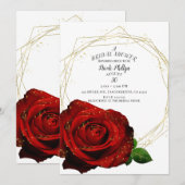 真っ赤なバラ ゴールドの幾何学模様 グラマラス ブライダルシャワー 招待状 (正面/裏面)