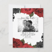 真っ赤なバラ 黒いレース 白いウェディング セーブ・ザ・デート 招待状 (正面)