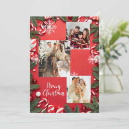 真っ赤なフェスティブなクリスマスホリデー写真コラージュ 招待状