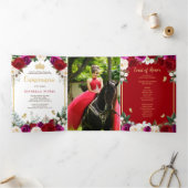 真っ赤なフクシア色のバラ ゴールドの蝶々 キンセンチャネラ 三つ折り招待状 (内部)