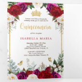 真っ赤なフクシア色のバラ ゴールドの蝶々 キンセンチャネラ 三つ折り招待状 (内部最初)