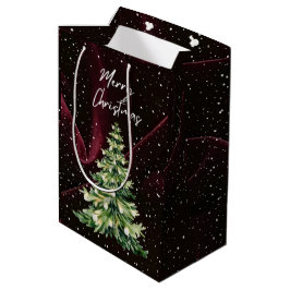 真っ赤なベルベットの背景にクリスマスツリー ミディアムペーパーバッグ