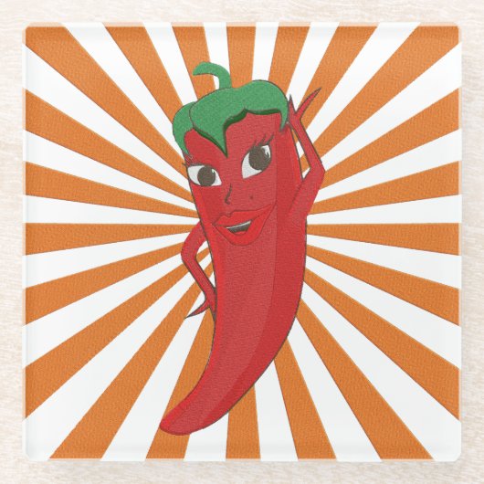 真っ赤なホットペッパー・ディーバ・フェイク・刺繍プリント ガラスコースター (正面)