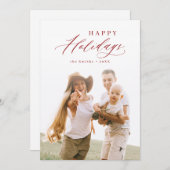 真っ赤なモダンスクリプトで「ハッピーホリデイズ」 家族写真 シーズンカード (正面/裏面)